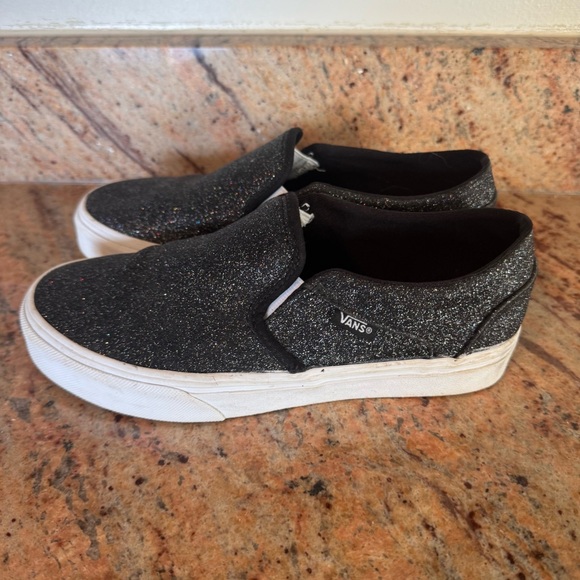 VANS Size 6.5 Women’s Slip On Black Glitter Sneakers - Picture 1 of 5